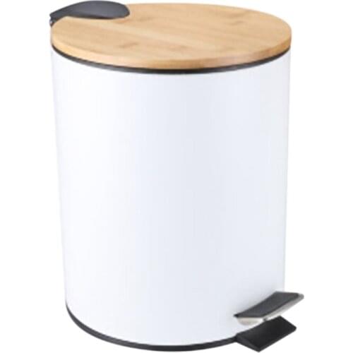 Stainless Steel Trash Can with Bamboo Lid 3L Step-on Garbage Container Trash Bin for Kitchen Bathroom Bedroom White