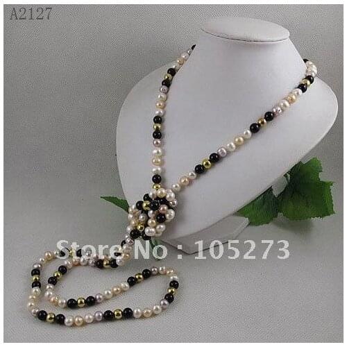 Wholesale AA 7-8MM Mixes fresh water pearl necklace 8mm GP gold beads 55inch long pearl necklace free shipping HOT SALE A2127