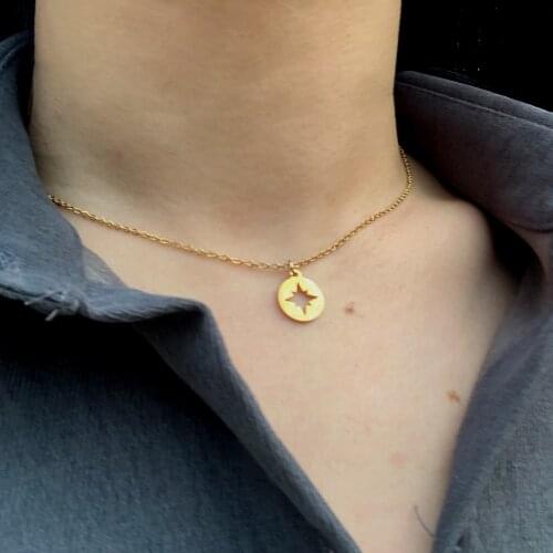 Round Disc Shape Charm Pendant Necklace Small Stereo Compass Minimalist Clavicle Unisex Stainless Steel Chain Collar Jewelry