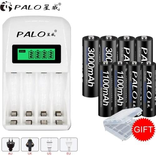 Smart Battery Charger For 1-4 pcs AA/AAA NiCd NiMh rechargeable batteries LCD Display 4 Slots Charger+4pcs AA Battery+4pcs AAA