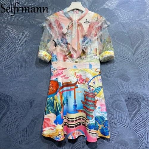 Seifrmann New 2021 Summer Women Fashion Designer Party Midi Dress Lantern Sleeve Lace Ruffles High Waist Printed Ladies Dresses