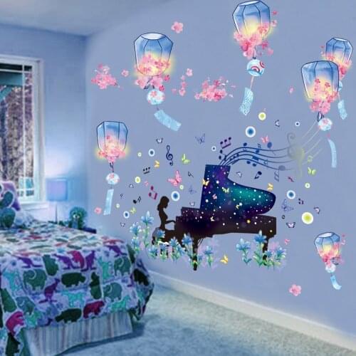 [shijuekongjian] Kong Ming Lantern Wall Stickers DIY Girl Piano Mural Decals for Kids Rooms Children Nursery Home Decoration