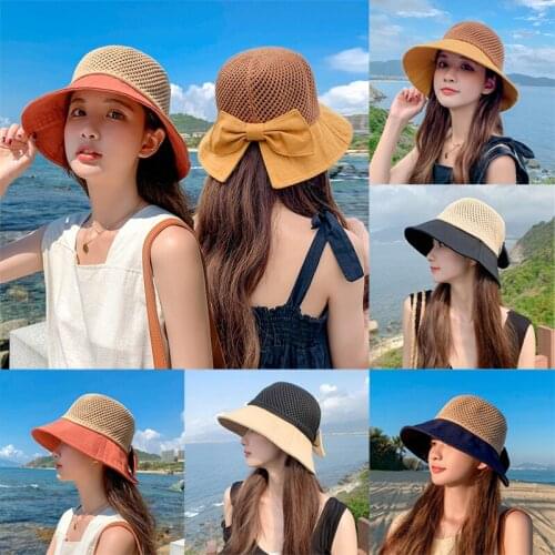 New Woman Summer Hats Hollow Straw Hat Bow Design Sun Hat With Visor Travel Mesh Bucket Hat