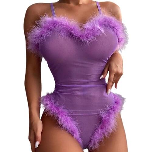 Female Nightwear Solid Color Feathers Sleeveless Spaghetti Strap Bodysuit for Summer Purple S/M/L Women Elegant Sexy