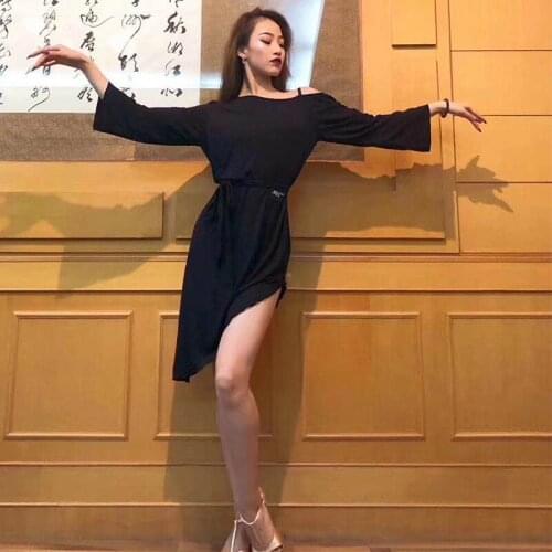 2021 Latin Dance Clothes For Women Strapless Split Sexy Latin Practice Dress Black Loose Latin Performance Dance Dress DN9089