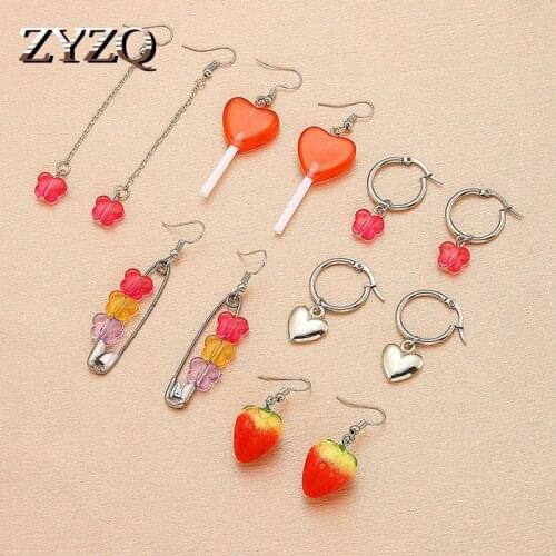 ZYZQ 6Pairs/Set Cute Strawberry Earrings Set For Women Girl Sweet Heart Butterfly Dangle Earrings 2021 Fashion Jewelry