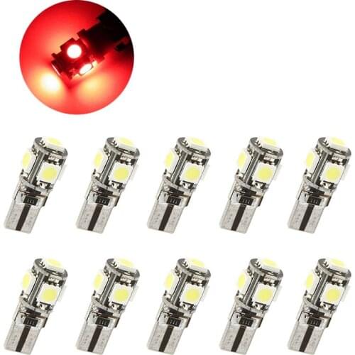 10Pcs Red T10 W5W 5050 5SMD LED Canbus Error Free Bulbs For 192 168 194 Clearance Lamps License Plate Lights 12V
