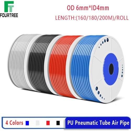 160/180/200 Meters Roll OD6mm*ID4mm Pneumatic PU Hose Black Transport Red Blue Air Tube Component Pipe for Compressor