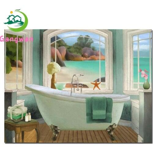 Diamond Embroidery Bathroom landscape Cross-Stitch Kit Beaded Needlework diamond painting full square round drill handicraft art