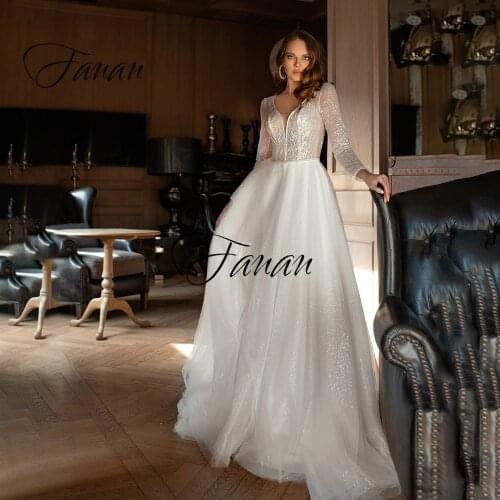 Glittery Deep V-Neck Long Sleeve Wedding Dress A-Line Lace Beading Sequined Tulle Bridal Gown robe de soirée de mariage платье