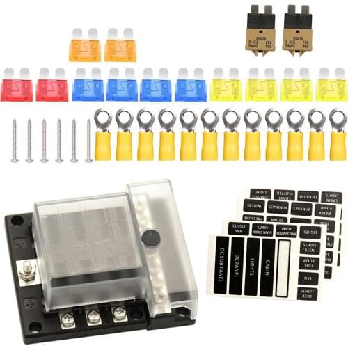 6-Way Fuse Box Blade Fuse Block Holder Screw Terminal 5A 10A 15A 20A Fuses LED Indicator Waterpoof Cover for Automotive Car