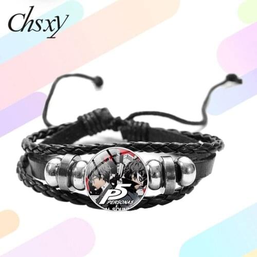 CHSXY Anime Persona 5 Bracelet Game P5 Akira Kurusu Anne Takamaki Cartoon Figure Print Glass Dome Cosplay Leather Bracelets Gift