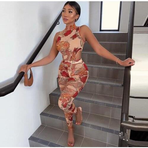 Cultiseed European Women Summer Sexy Hollow Waist Vest Bodysuits+Floral Print Skinny Legging 2pc Sets Clothes Female Party Suits