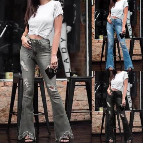 2020 New Style Womens Jeans European/American High Waisted Jeans Ripped Slim-fit Flared Jeans Vintage Streetwear