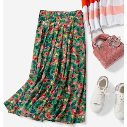 ElfStyle 2020 SUmmer Women Floral Print Long Skirt Features Pleated & Slit Detail