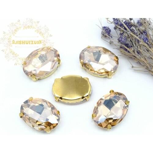 Classic style Champagne OVAL shape Glass Crystal sew on rhinestones with Gold claw Diy Clothing accessories Free shipping