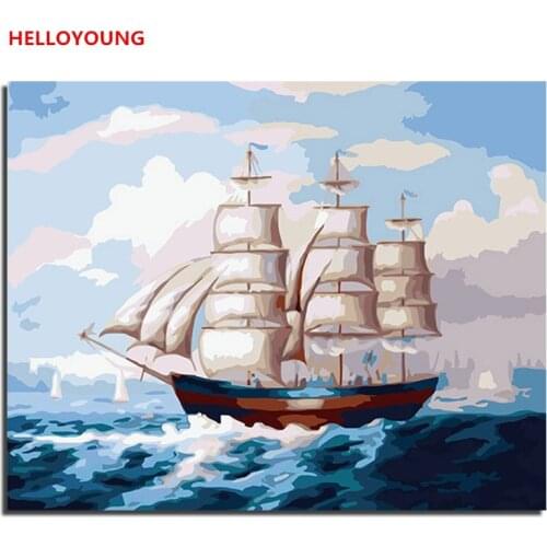 Ship Sailing Painting By Numbers Modern Sunset Ocean DIY Digital Wall Art Picture For Home Decor Scenery Oil Painting 40x50cm
