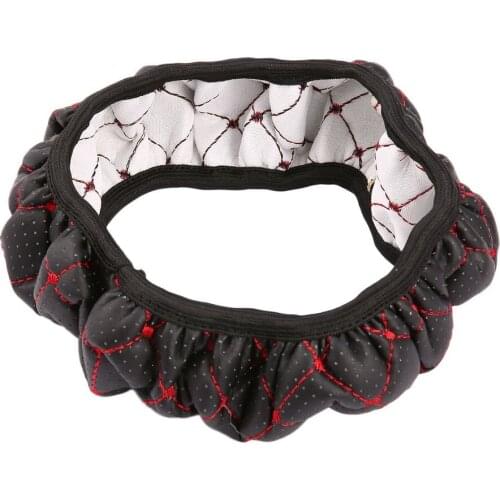 Plaid Car Fiber Leather Embroidery Elastic Skidproof Stretch-On Auto Steering Wheel Cover With Needle Hole