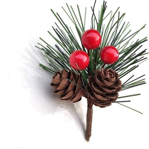 Hot 20PCS Artificial Flower Red Christmas Berry and Pine Cone with Holly Branches Christmas Decoration for Home Floral Decor