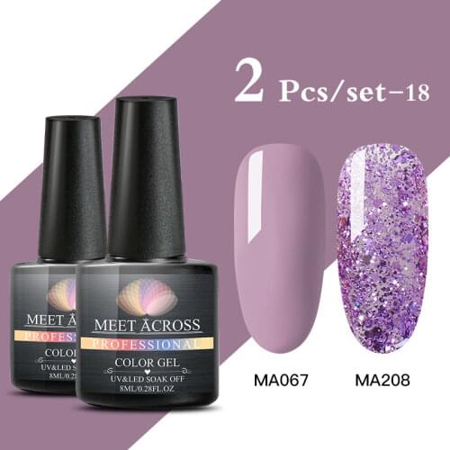 MEET ACROSS 2pcs/set Glitter UV Gel Nail Polish Semi Permanent Soak Off Nails Art Painting UV LED Gel Varnish Nail varnish 8ml