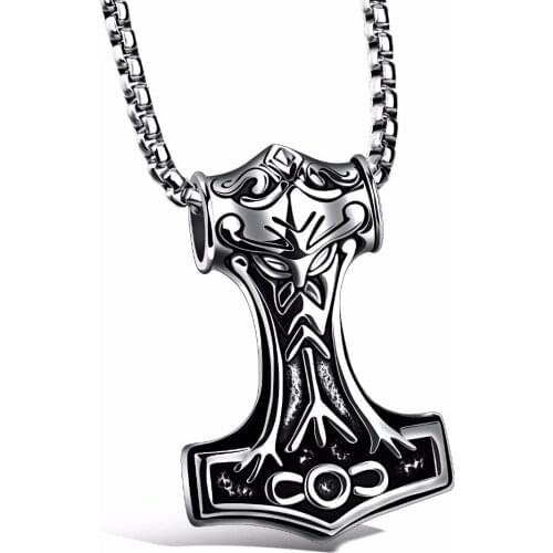 Mens Stainless Steel Viking Norse Thors Hammer Mjolnir Pendant Necklace Retro Jewelry