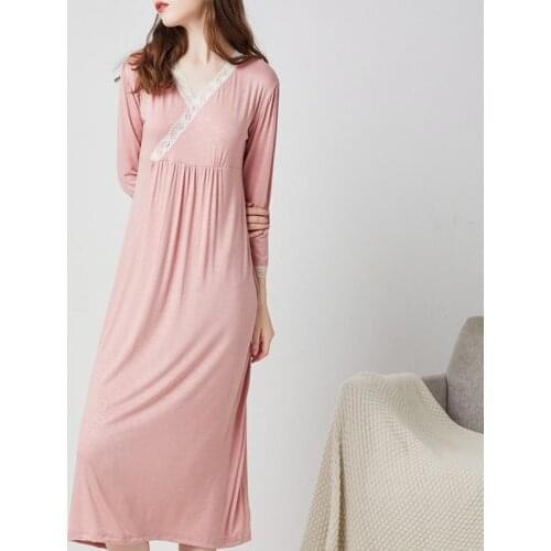 Spring Modal Nightdress Women Cotton Lace Long Sleeve Long Dress Sleepdress Casual Comfy Nightgown Loose Home Clothes for Women