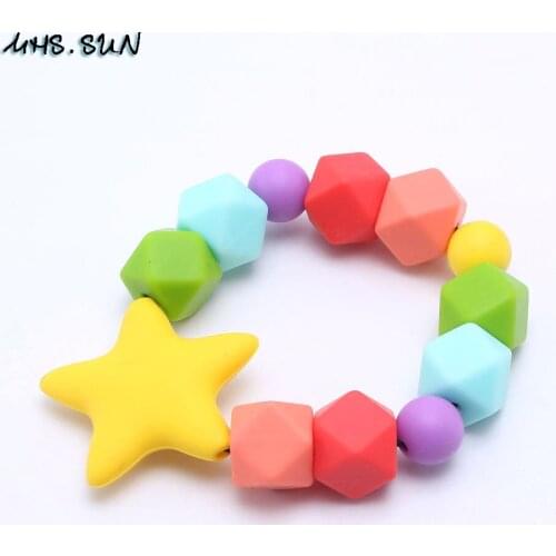 MHS.SUN Newest teething silicone bracelets with star/flower/round baby chewing toy rainbow color kid silicone bead bracelet