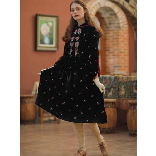 OriginalDesign AIGYPTOS Spring Autumn Women Vintage Elegant Slim Black Dress Floral Embroidery Beading Tassels Long Velvet Dress