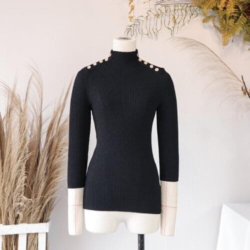 2021 Fall Black Womens Pullover Slim Knit High Neck Three-quarter Sleeve French Brand Elegant Office Top