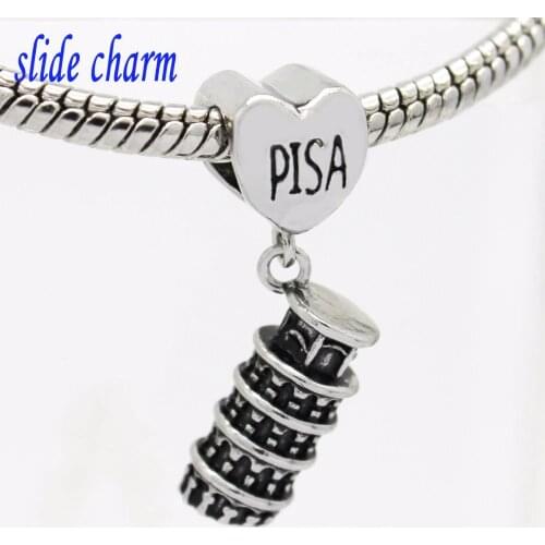 Slide charm New Fashion Jewelry Leaning Tower of Pisa, Italy talisman pendant charm beads fit Pandora bracelet Free shippin A-1