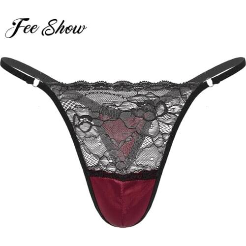 Gay Men Sissy Satin Underwear Thong Lace Patchwork Panties G-string Briefs T-back Jockstrap Underpants for Exotic Lingerie Night