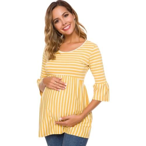 Maternity Tunic Tops Women Tee Shirt Ruffles Striped Casual A-line T-shirt Pregnancy Tee Loose Womens Autumn Clothing Plus Size