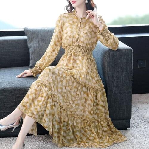 Spring Summer Silk Dress 2021 Elegant Floral Dresses for Women Casual Long Sleeve Dress Female Vestido De Mujer Pph4019