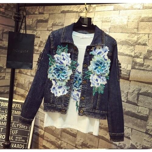 Spring autumn womens casual peony flowers embroidery broken hole jacket female vintage slim Jean jacket TB3388