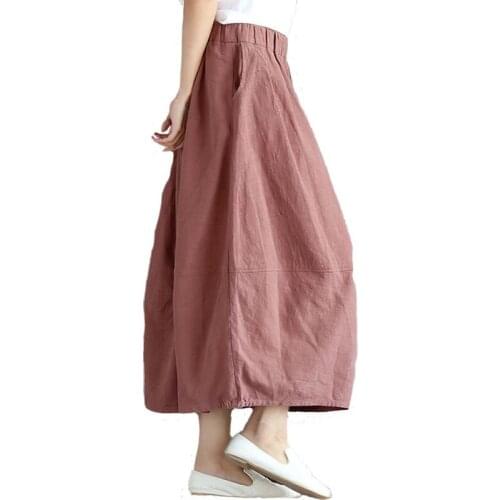 Summer Skirt Solid Color Cotton Linen Loose Women Casual Skirt Elastic Waist Pocket Vintage Skirt Lady Long Skirts