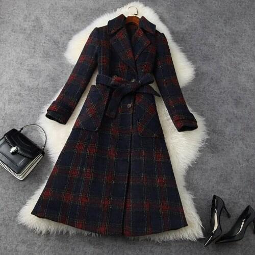 European and American womens wear 2020 winter new style Long-sleeved suit collar check print Fashionable belted woolen coat