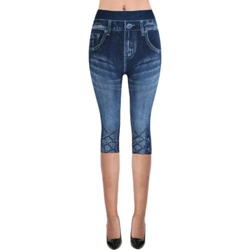 Women Fitness Gym Sport Leggings Pants Imitation Cowboy Sport Printed High-waist Elastic Cropped Trousers Pantalones De Mujer