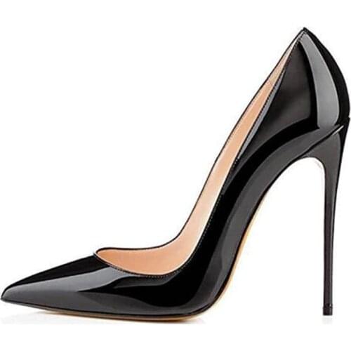 Women Pumps Brand High Heels Black Patent Leather Pointed Toe Sexy Stiletto Shoes Woman Ladies Plus Big Size 11 12