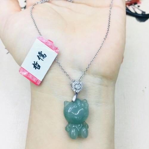 Natural Burmese Emerald Jade Carving Oil Kate Cat Pendant with 925 Sterling Silver Necklace Elegant Lady Jade Clavicle Chain
