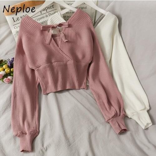 Neploe V Neck Cross Design Long Sleeve Knit Sweater Women Sexy Open Back Solid Slim Fit Pull Femme Winter 2021 New Sueter
