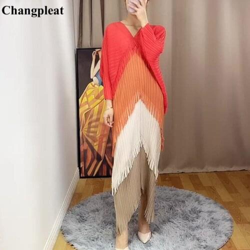 Changpleat New Miyak Pleated plus size women dress Fashion tassel Loose Color matching V-neck Bat sleeve Female Dresses Tide D99