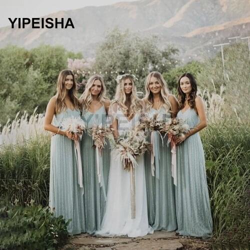 2021 Mint Green Bridesmaids Gown A-Line Spaghetti Straps V-Neck Backless Sleeveless Draped Floor Length Wedding Party Dresses