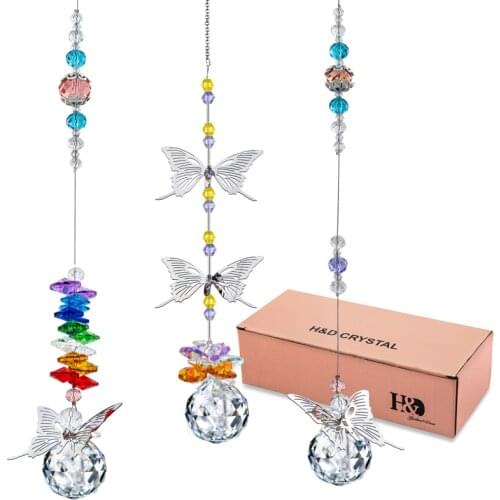 H&D 3pcs Crystal Butterfly Suncatchers with 30mm Crystal Ball Drops Chakra Window Hanging Ornament Home,Office,Garden Decor Gift