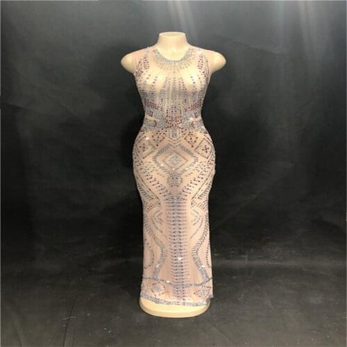 F93 Ballroom dance costumes sexy singe long dresses Perspective Rhinestone Siamese Skirt catwalk performance outfit clothe bar