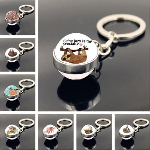 FIMAODZ Cute Sloth Keychain Cartoon Animal Picture Double Sided Glass Ball Pendant Key Chain for Kids Bag Accessories
