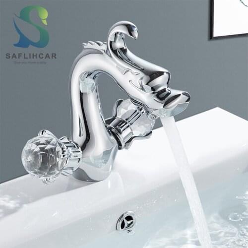 Chrome Dragon Bathroom Sink Faucet Gentle Effluent Double Luxurious Crystal Handwheel Ceramic Hot and Cold Water Mixer Taps