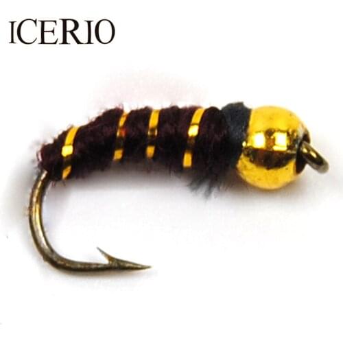 ICERIO 10PCS Plastic Golden Bead Head Nymph / Midge Small Bugs for Trout Bream Blue Gill Fly Fishing Size #14