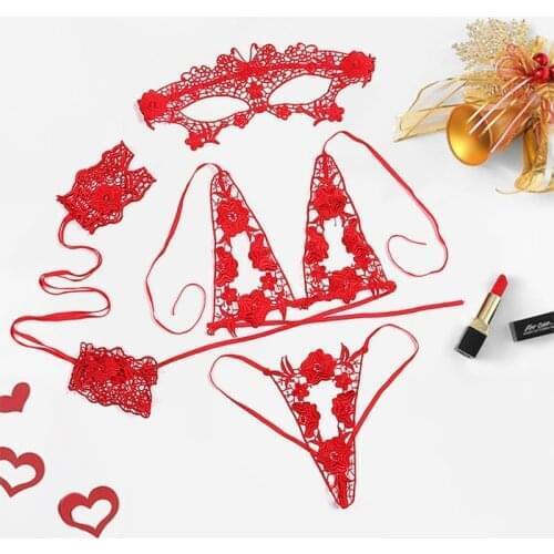 New 4Pcs Sexy Lingerie Set Plus Size Women Lace Mask & Handcuffs Transparent Bra And Panty Set Hot Erotic Underwear Sexy Bra Set