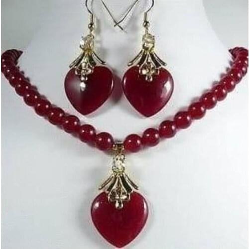 Red Natural stone Heart-shaped Pendant Necklace Earrings
