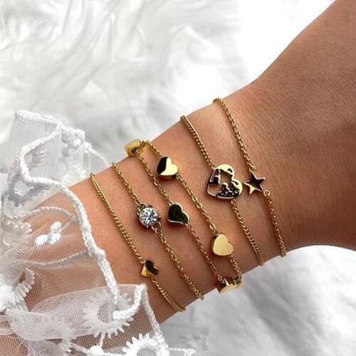 Mavis Hare Gold Chain Bracelet Set with new Heart Shaped World Bracelet & Star Crystal Heart Love Chain Bracelet as mothers Day